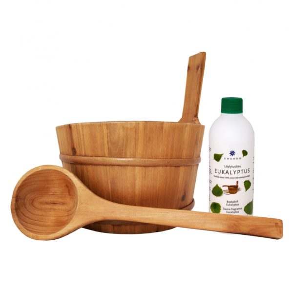 sauna bucket with ladle and eucalyptus fragrance